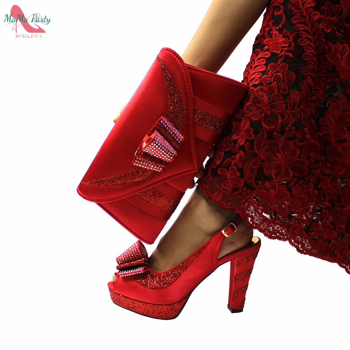 2025 Red Elegant Style Italian Women Shoes Matching Hand Bag Set  Slingbacks Sandals with Platform for Party