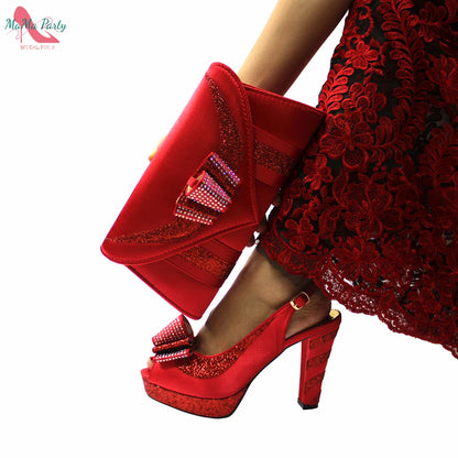 2025 Red Elegant Style Italian Women Shoes Matching Hand Bag Set  Slingbacks Sandals with Platform for Party
