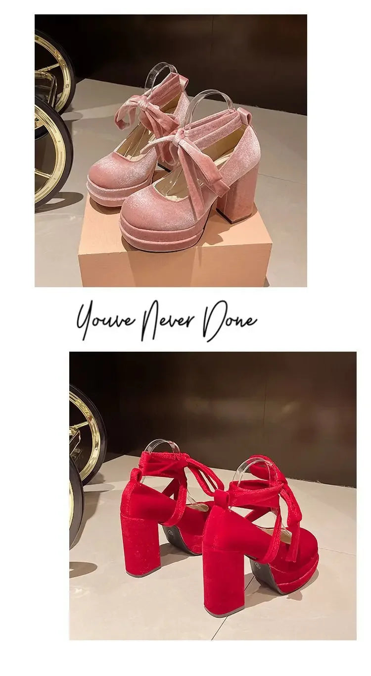 Platform Mary Janes Shoes Women Suede Luxury High Heel Lace Up Trend Lolita Shoes Elegant Chunky Party Pumps Zapatos De Mujer