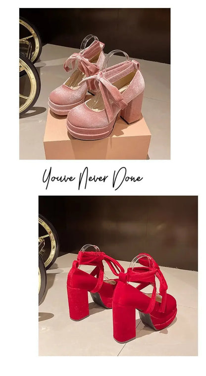 Platform Mary Janes Shoes Women Suede Luxury High Heel Lace Up Trend Lolita Shoes Elegant Chunky Party Pumps Zapatos De Mujer