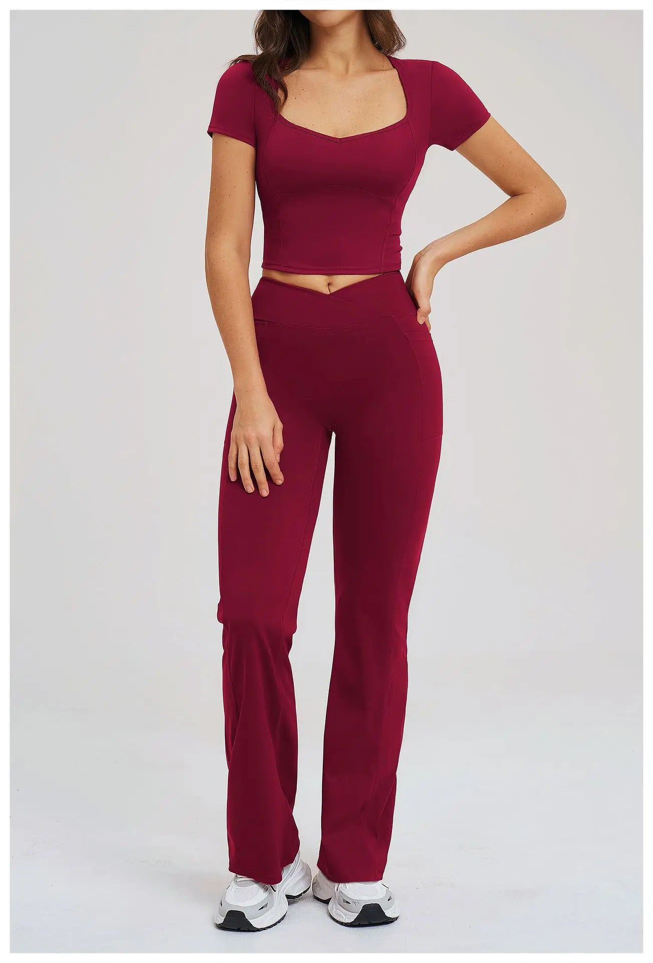 2PCS Women's Yoga Tracksuit midriff-baring short sleeve top high waist Bell-bottom Women Gym Running Training Workout Yoga Set