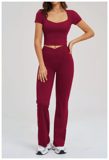 2PCS Women's Yoga Tracksuit midriff-baring short sleeve top high waist Bell-bottom Women Gym Running Training Workout Yoga Set