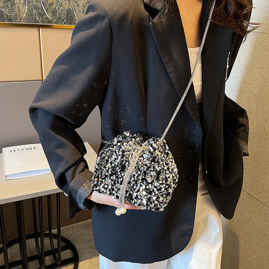 Good-looking Personality Sequin Women's New Korean Bucket Bag Bright Eyes Style Fashion Crossbody Dinner Single Shoulder Bags