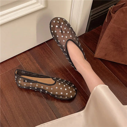 Women Flats Luxury Crystal Rivet Design Sandals Summer Mesh Breathable Ballet Shoes Plus Size Ladies Elegant Party Dress Loafers