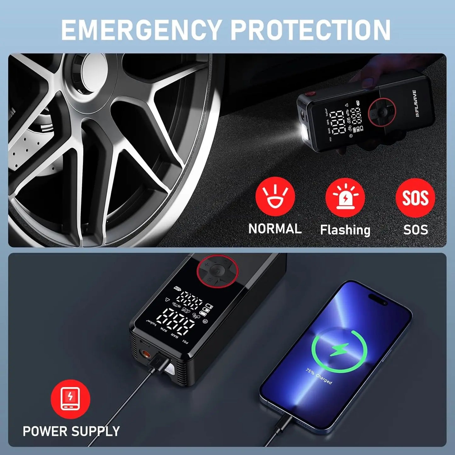 Portable Cordless Air Compressor, 150PSI Digital Gauge with Auto Shut-Off and LED Light for Car, SUV, Motorcycle, Bike Tires