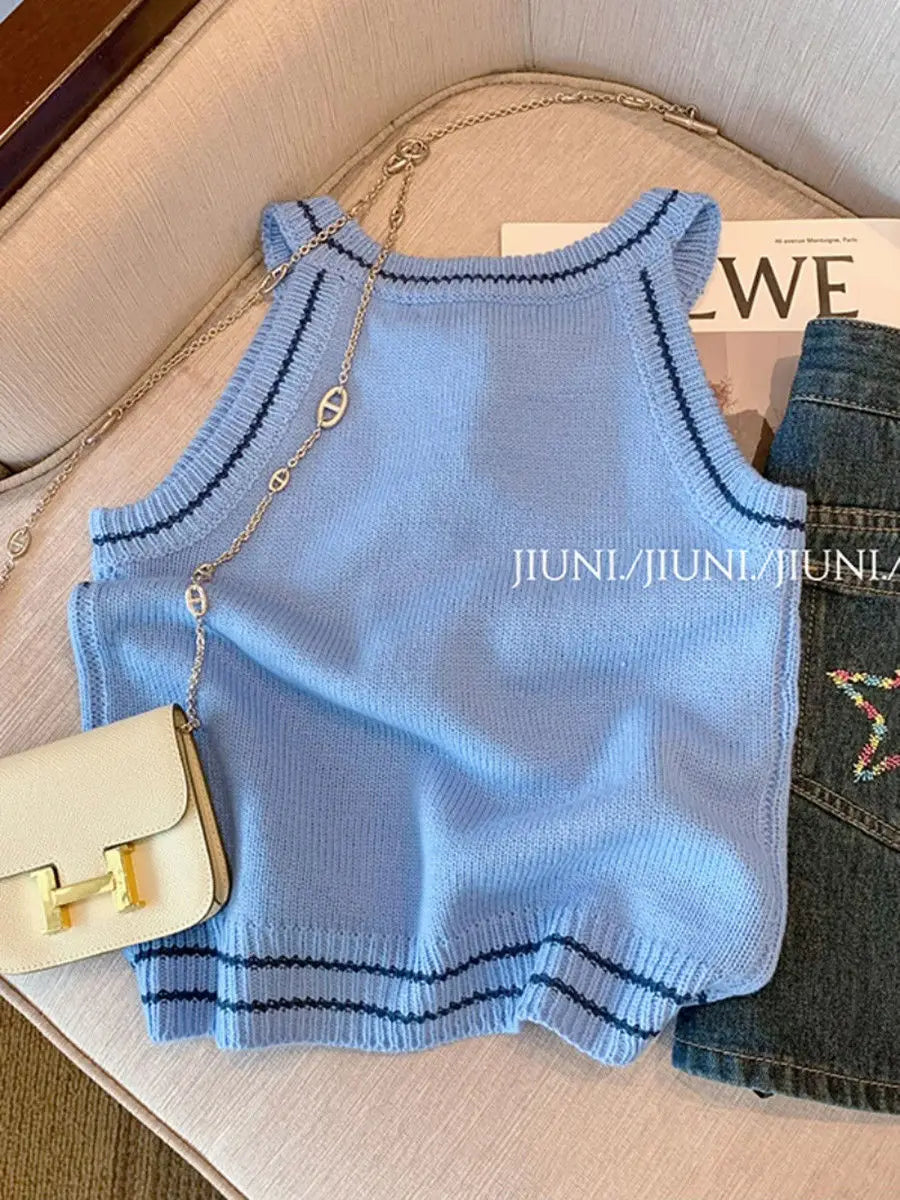 Women's Clothing Fashionable Slim O-neck Knitted Tanks Summer Sexy Chic Geometric Embroidery Sleeveless Tops