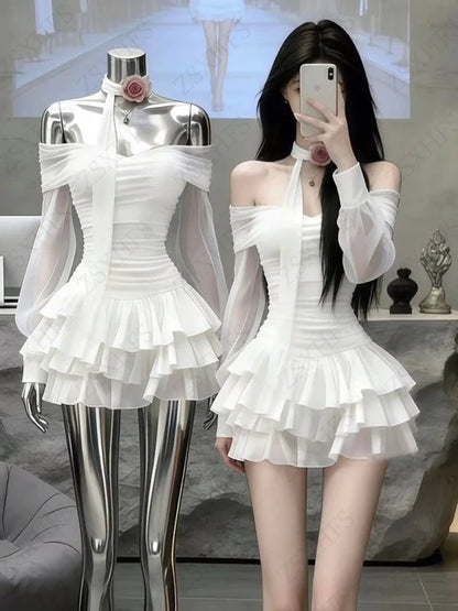 Korea Kawaii Sexy Dresses Punk Aesthetic 2000s Summer Sexy Girl Gentle Dress Chiffon Perspective Trendy Slim Tiered Short Dress