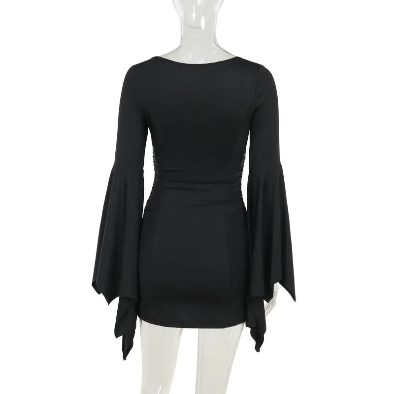 Goth Dark Cospaly Partywear Women Fashion Batwing Sleeve Mini Dress Elegant Slim Pleat Bodycon Dresses Mall Gothic Alt Teachwear