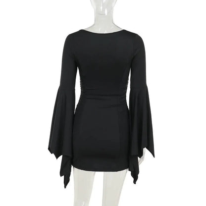 Goth Dark Cospaly Partywear Women Fashion Batwing Sleeve Mini Dress Elegant Slim Pleat Bodycon Dresses Mall Gothic Alt Teachwear