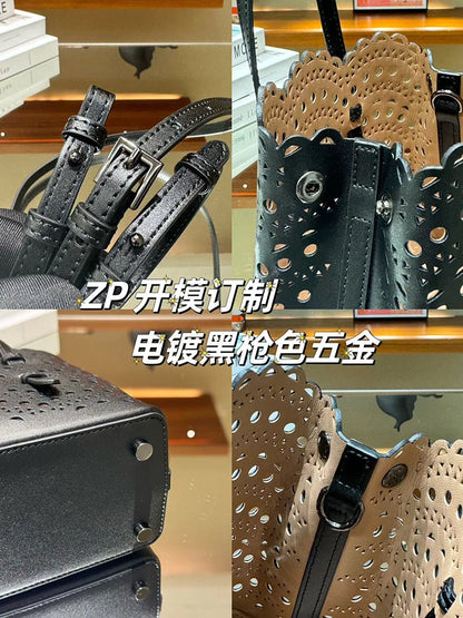 New Tote Bag French Cowhide Handmade Bag Niche Laser Engraved Hollow Leather Vegetable Basket Bag Casual Versatile Temperament