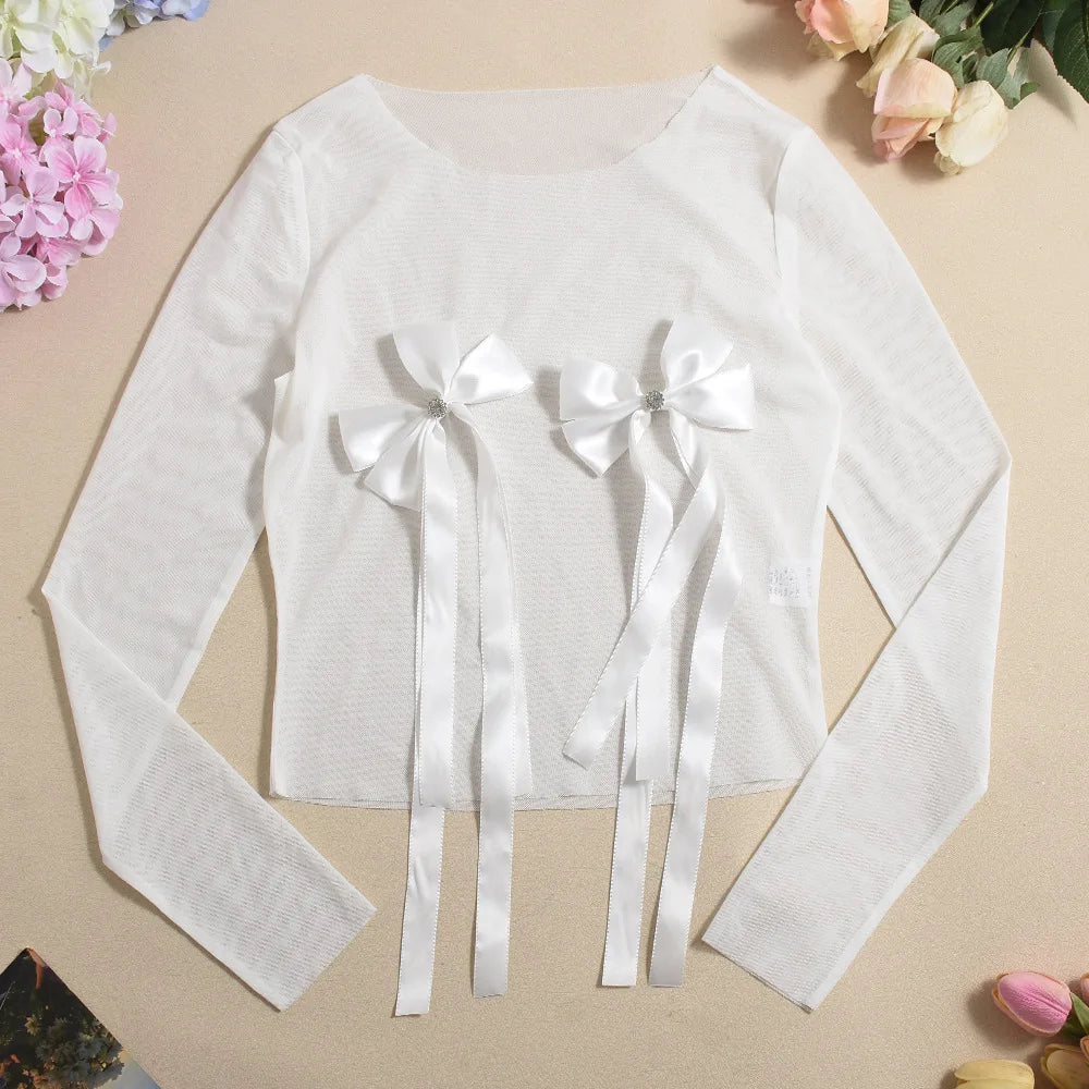 White 3D Bowknot Tassel Sexy Sheer Mesh Women Two Piece Short Sets 2026 Summer Fashion Long Sleeve Tshirt and Mini Shorts Outfit