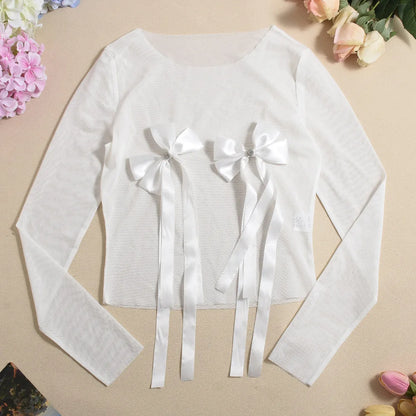 White 3D Bowknot Tassel Sexy Sheer Mesh Women Two Piece Short Sets 2026 Summer Fashion Long Sleeve Tshirt and Mini Shorts Outfit