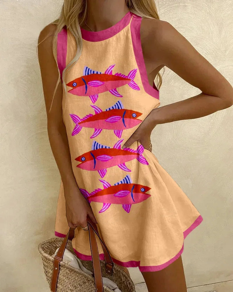 Women Sleeveless Dress Cute Sardines Fish Graphic Print Summer New Short Dress Beach Vacation Party Girl Skirts Dress