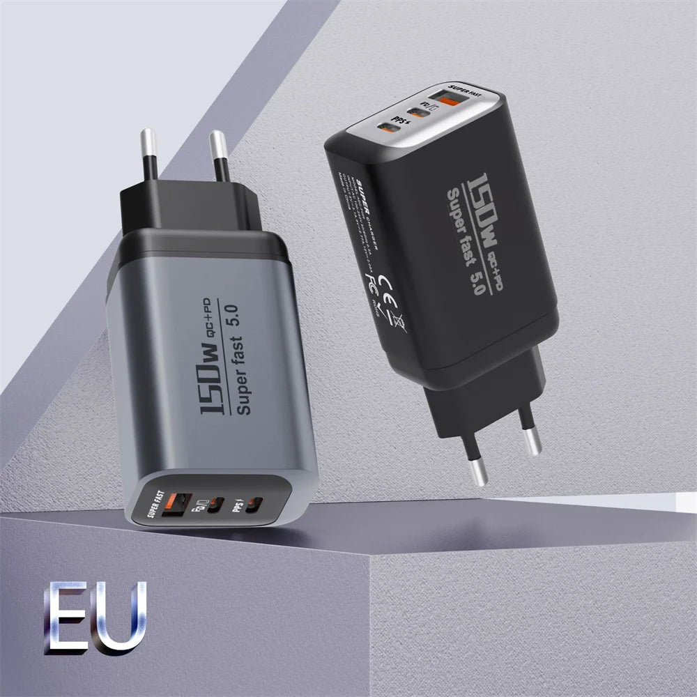 USB Type C 150W Charger USB QC3.0 Fast Charging Mobile Phone Charger Travel Adapter For iPhone 17 Samsung Xiaomi EU/UK/US Plug