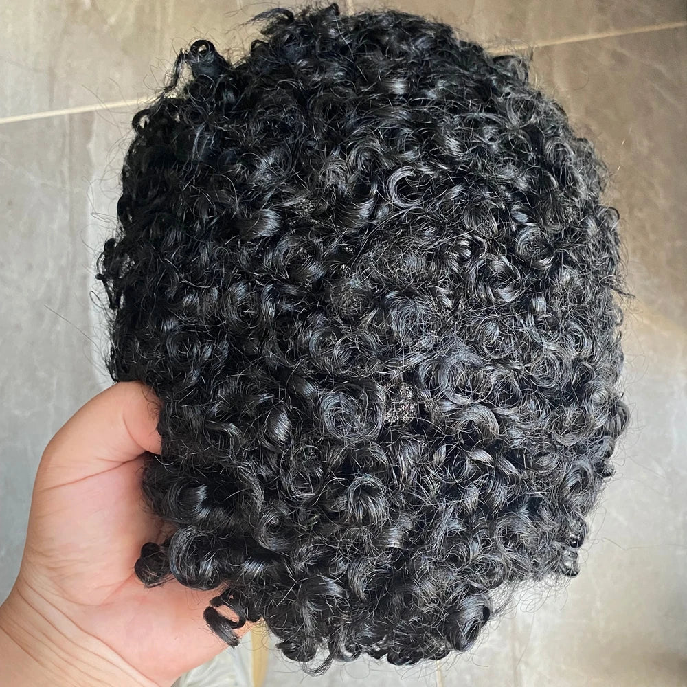 Natural Frontline Afro 18mm/15mm Curly Men Toupee Undetectable PU System European Human Hair Prosthesis Super Durable Fine Mono