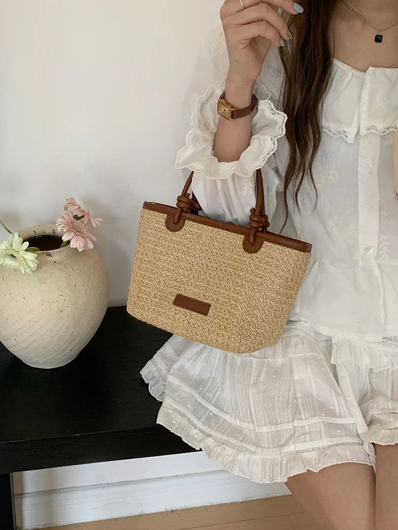 Summer Vacation Women's Beach Straw Shoulder Bag Retro Design Ladies Portable Crossbody Bags Knot Basket Woven Tote Handbags