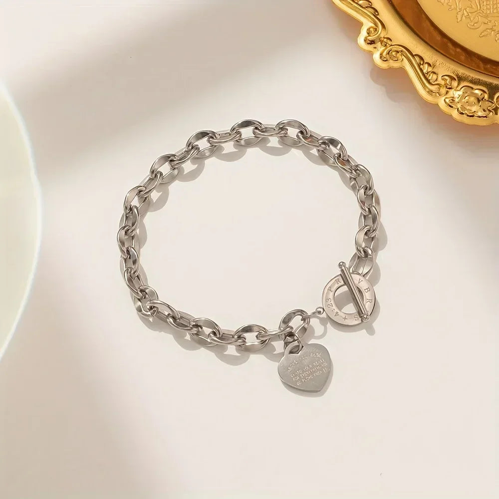 1pc Stainless Steel Bracelet With Heart Pendant, Double Heart OT Buckle Couple Bracelet Unisex