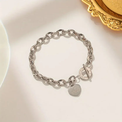 1pc Stainless Steel Bracelet With Heart Pendant, Double Heart OT Buckle Couple Bracelet Unisex