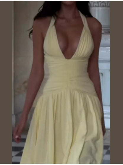 Elegant Halter Maxi Dress Women Deep V Neck Ruched Bust High Slit Bodycon Formal Evening Prom Cocktail Dress Multiple Colors