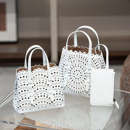 New Tote Bag French Cowhide Handmade Bag Niche Laser Engraved Hollow Leather Vegetable Basket Bag Casual Versatile Temperament