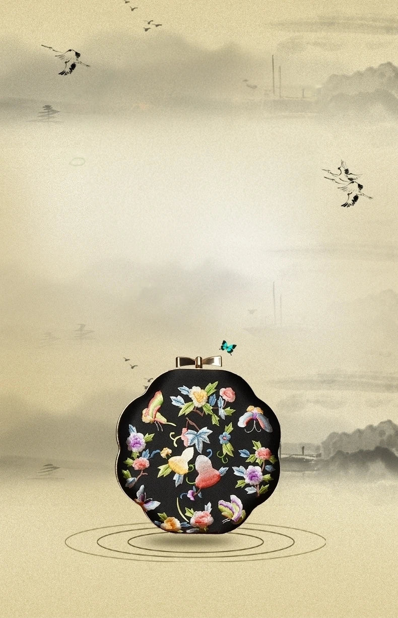 Cape-Bay Embroidered Women's Bag with Cheongsam, Chinese Classical Flower Embroider Small Bag Flower Cloth Bag, Gold Edged Gold Lock Chain Bag, Fashionable Niche Black Flower Cloth Bag, Banquet Party Casual Shoulder Bag, Cros