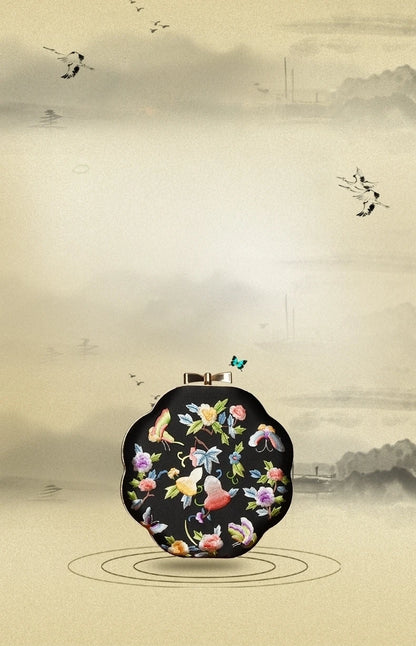 Cape-Bay Embroidered Women's Bag with Cheongsam, Chinese Classical Flower Embroider Small Bag Flower Cloth Bag, Gold Edged Gold Lock Chain Bag, Fashionable Niche Black Flower Cloth Bag, Banquet Party Casual Shoulder Bag, Cros