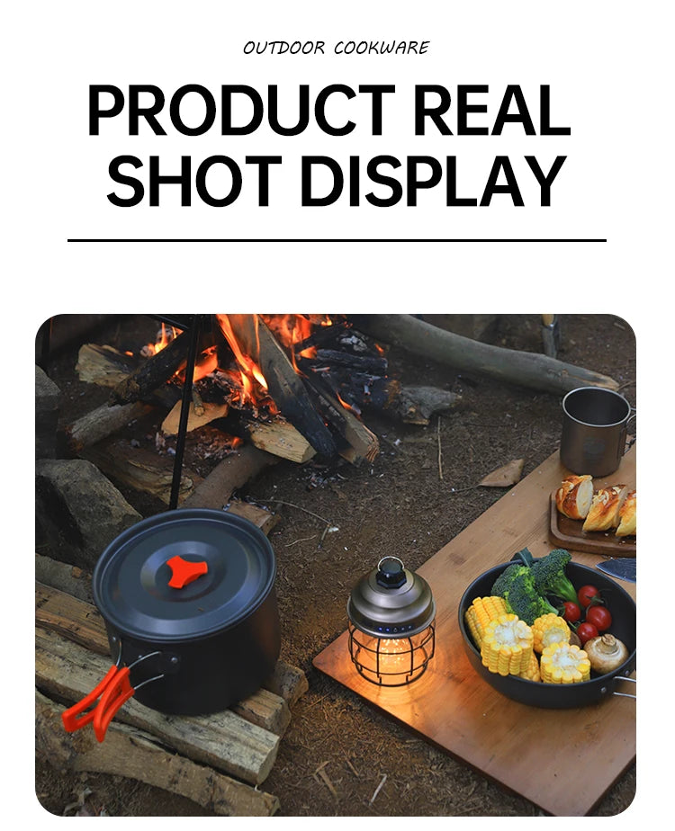 Camping Cooking Set, Outdoor Kitchenware Set, Aluminum Portable Tableware Kitchenware POTS Bowls Kettles Hiking Picnic Equipment