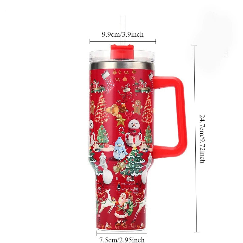 40oz Thermos Bottles Stainless Steel Christmas Series Insulated Water Bottle with Handle/straw Car Ice King Cup Christmas Gift