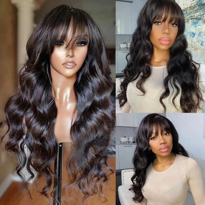 Middle Part Body Wave Human Hair Wig With Bangs for Black Women 3x1 Lace Wigs 200 Density Brazilian 30 32 Inch Wigs on Sale