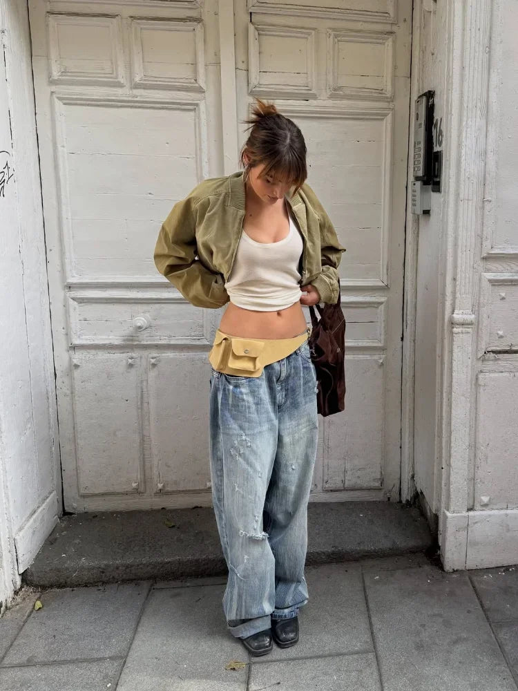 Women Khaki Cropped Bomber Jacket Chic Lapel Zipper Pocket Long Sleeve Short Coat Casual 2026 New Lady Street Daily Crop Outwear
