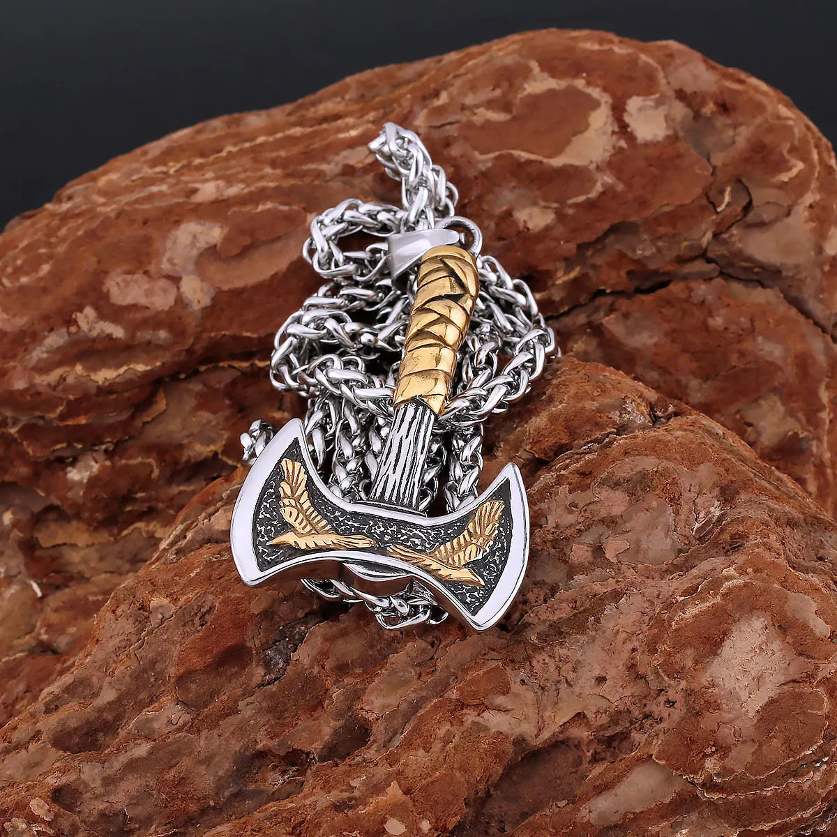 Stainless Steel Vikings Axe Necklace Mixed Gold Color Odin Raven Pendant Men's Personality Rune Amulet Gift for Boyfriend