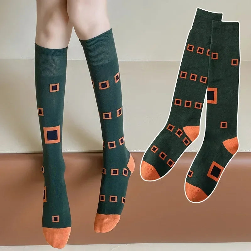 Socks Women's High Tube Calf Knee-length Socks Retro Illustration Art Abstract Street Autumn and Winter Cotton Socks High Sock