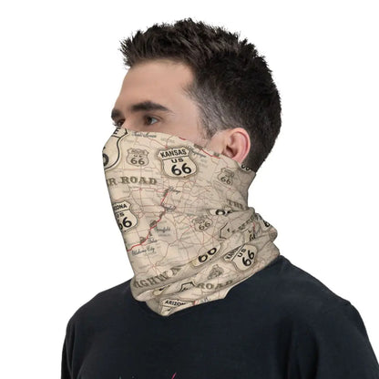 Custom Travel Motorcycle Ride Route 66 Bandana Winter Neck Warmer Windproof Wrap Face Scarf for Hiking Highways Gaiter Headband