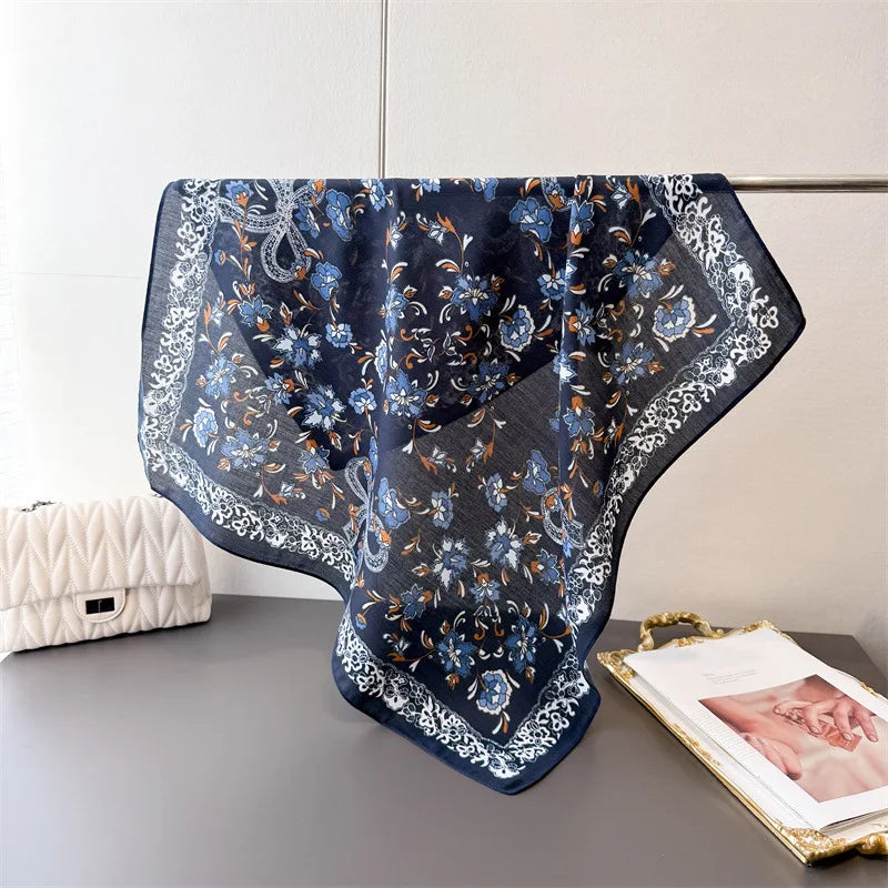 65*65cm Floral Print Small Cotton Feel Neck Ties Velvet Square Scarf for Women Soft Neckerchief Lady Hijab Female Hair Headbands