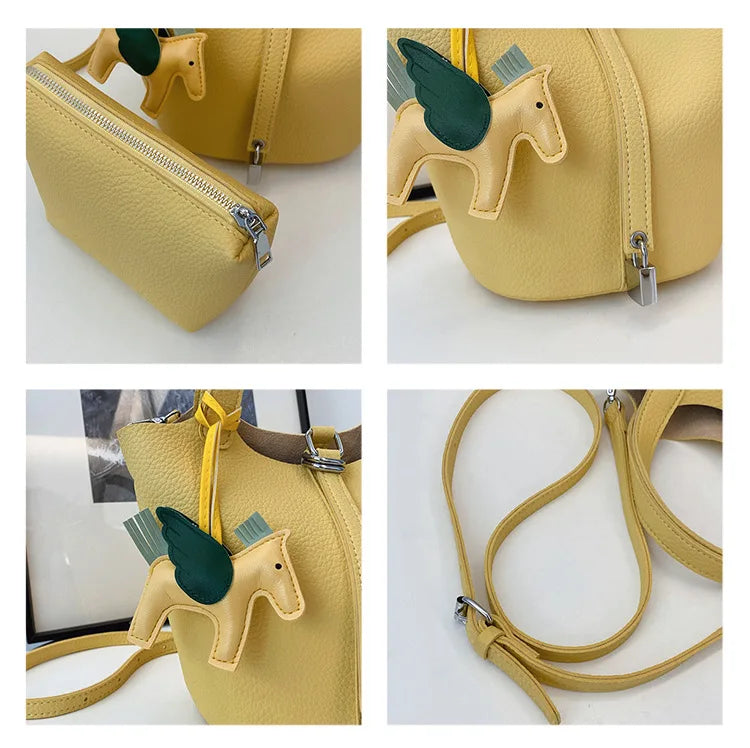 Popular and popular lychee patterned mother and child bucket bag for women, 2025 new casual retro handbag, casual commuting bag