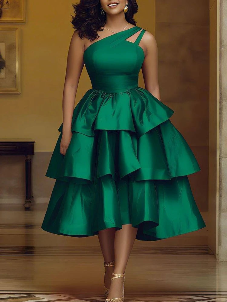 Women Elegant Shiny One Shoulder Ruffle Layered Christmas Party Dresses Date Out Birthday Wedding Guest Event Occasion Gowns New