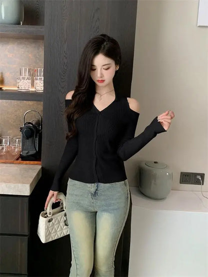 Women Clothing Autumn Fashion Simplicity All-match Screw Thread Knitting Female Solid Color V-neck Slim Sweater Pullovers Tops
