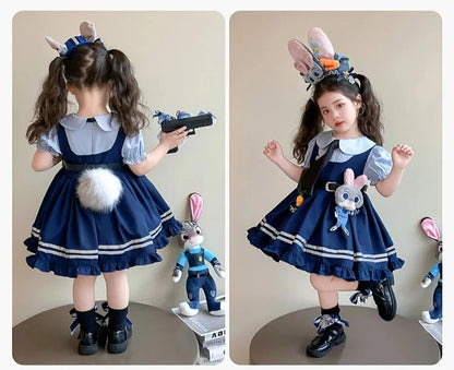 Girl Cosplay Judy Hopps Police Officer Dress Ear Sheriff Hat Bunny Costume Kids Dress Up Halloween Rabbit Disguise Dress Outfits