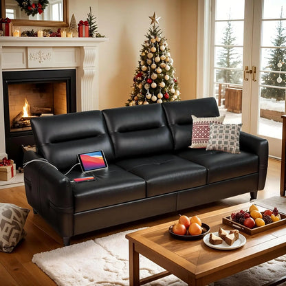 [New Arrival!]85” Black Faux Leather Couch with USB, 3 Seater Sofa Couches for Living Room, Large Mid Century Modern Office Apar