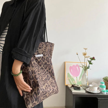 Vintage Faux Suede Women's Leopard Shoulder Bags PU Strap Double Side Female Purse Handbags Fall Winte Canvas Tote Underarm Bag