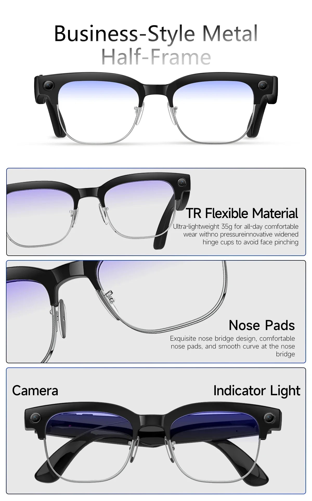 New 800W 4K UHD Camera Smart AI Glasses Recording Videos 290mAh Photo Recognition Translation Al Voice Bluetooth Smart Glasses