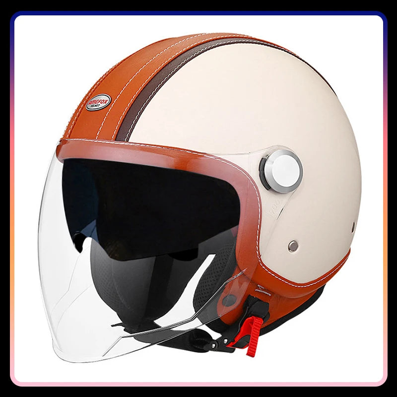 DOT Open Face Motorcycle Helmets Double Visor Retro Jet Helmet Leather Vintage Men Women 3/4 Open Half Helmet with Inner Lens