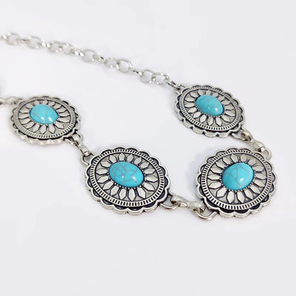 Fashion Silver Bohemian female circular waist chain luxury blue gemstone Ellipse chain belts for women suitable for Skirts dress