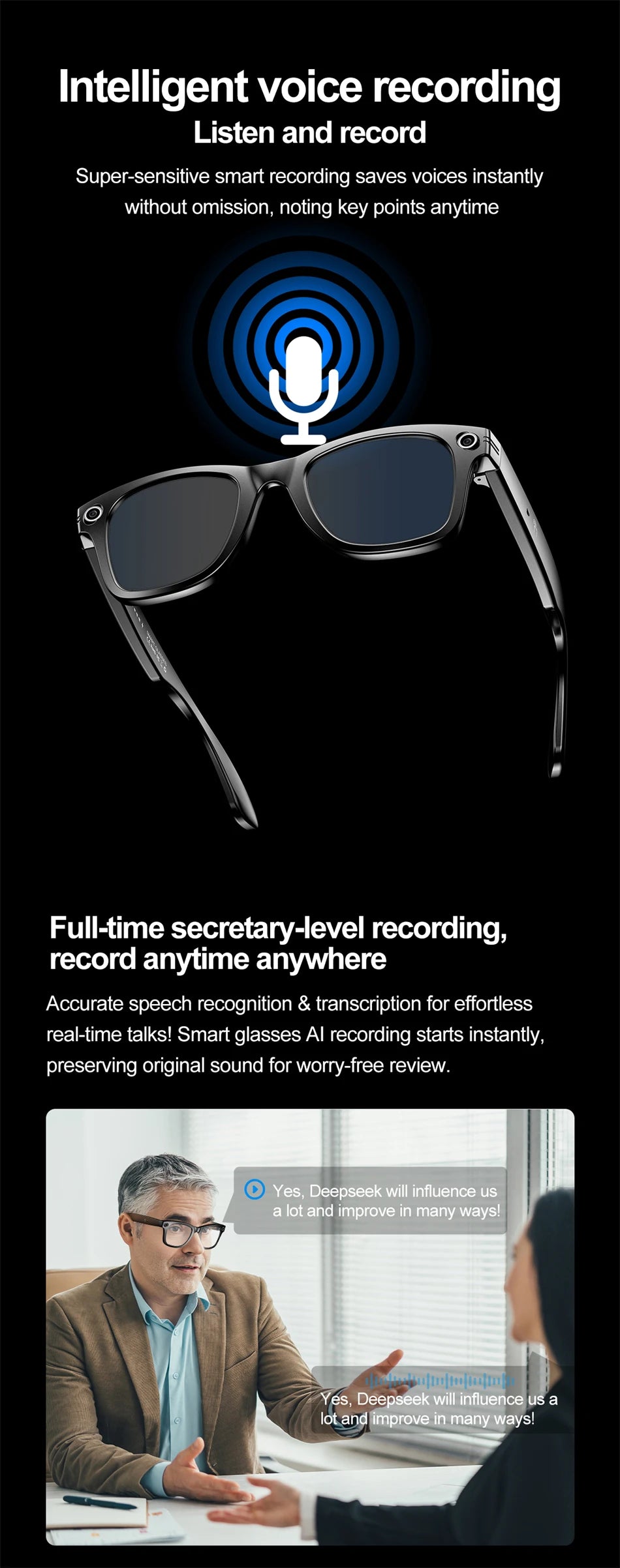 LIGE AI Camera Glasses Wireless Smart Sunglasses with Camera Bluetooth Call Music Glasses Video Sound Recording Antiblue Glasees