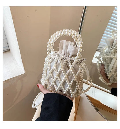 Women Pearl Bag Small Mini Tote Bucket Bag Woven Crossbody Hand Bags for Women Coin Purse Wallet Handbag Ladies Shoulder Bags