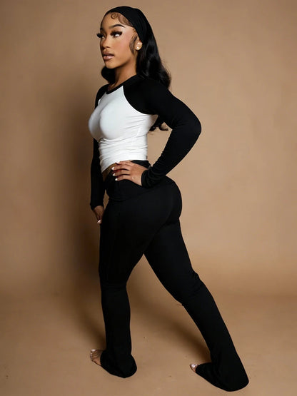 Nibber Christmas Party 2Piece Set Woman Contrast Patchwork o-Neck Full Sleeve Crop Tops+High Waist Long Pant Casual Fashion Suit