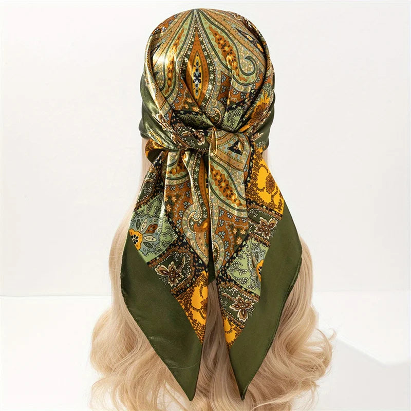 Handkerchiefs Hair Silk Scarf 90*90cm Print Satin Big Square Silk Scarves Shawls for Women Luxury Brand Designer Hijab Headband