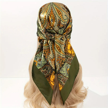 Handkerchiefs Hair Silk Scarf 90*90cm Print Satin Big Square Silk Scarves Shawls for Women Luxury Brand Designer Hijab Headband