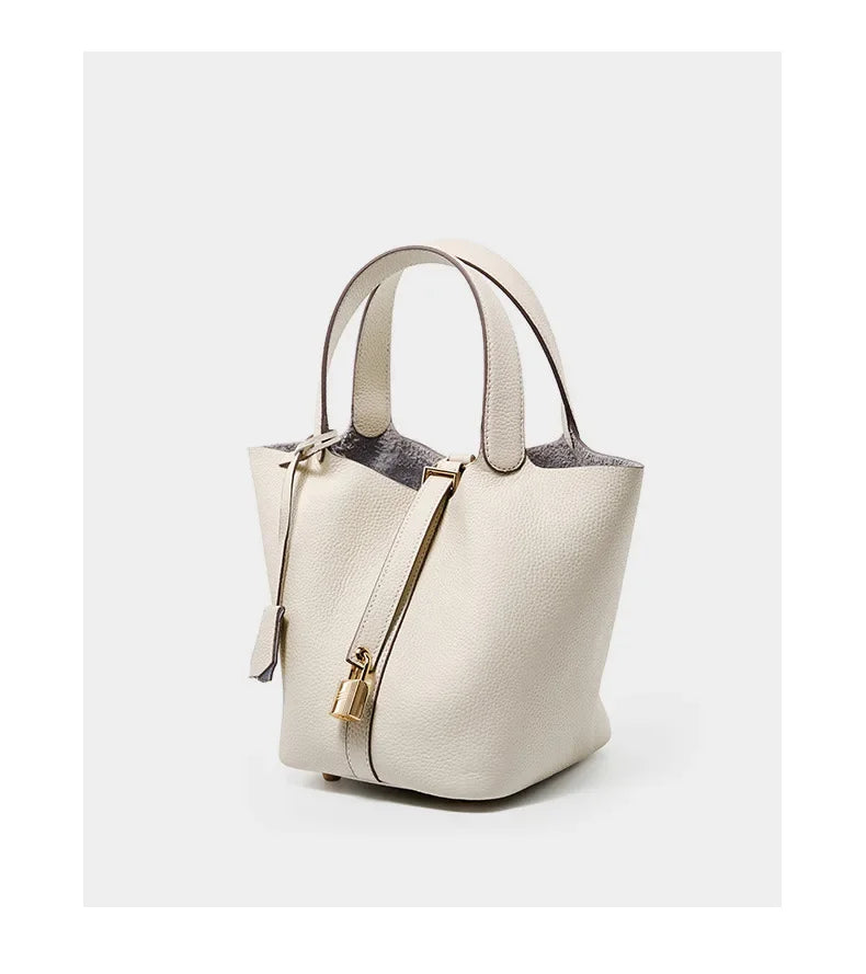Genuine Leather Shoulder Bucket Bag Women Litchi Pattern Mini Basket Tote Soft Handbag Mommy Bride Wedding Bags with Lock