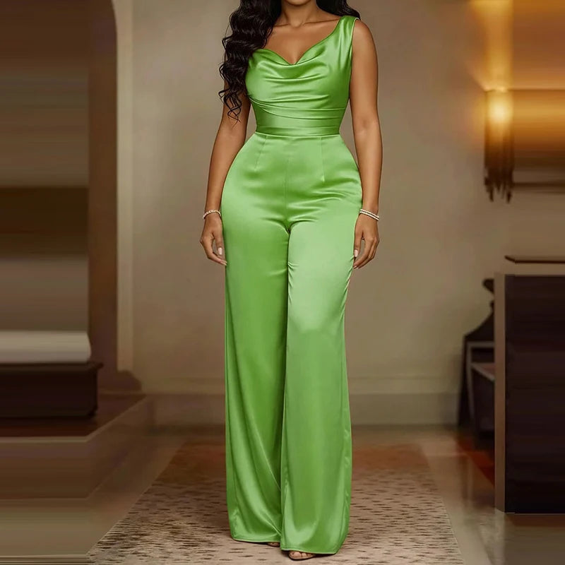 Sexy Swing Collar Waisted Solid Satin Jumpsuit Fashion Commute Wide Leg Pants Romper Women Casual Sleeveless Pleat Long Playsuit